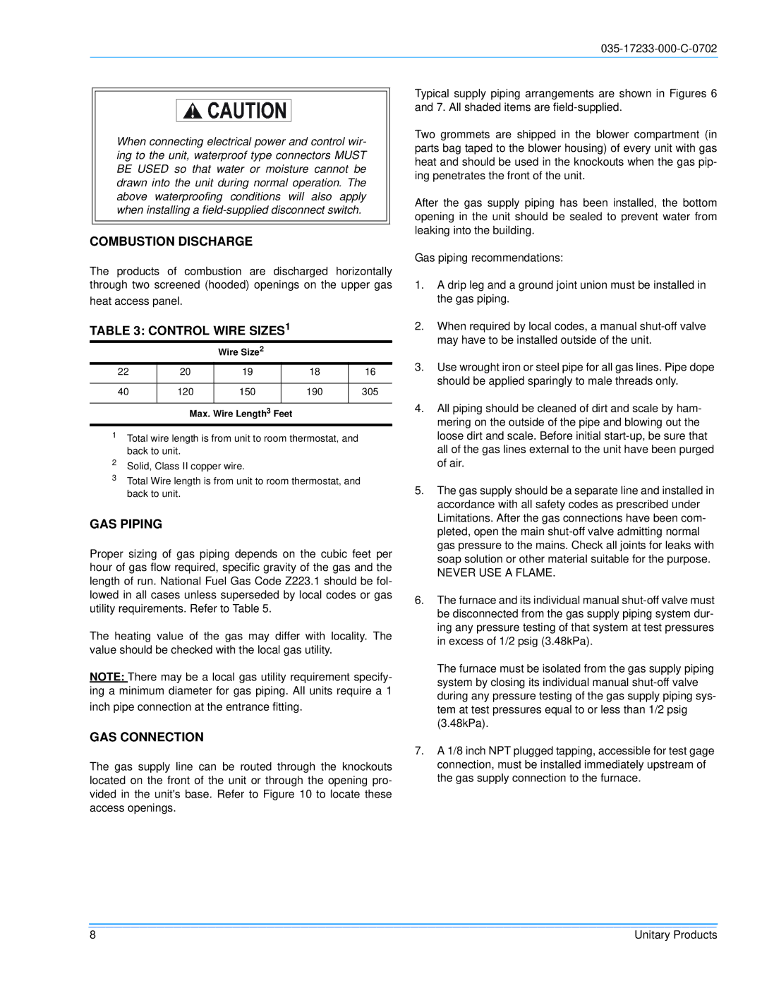 Energy Tech Laboratories DHG240, DHG180 Combustion Discharge, Control Wire SIZES1, GAS Piping, GAS Connection 