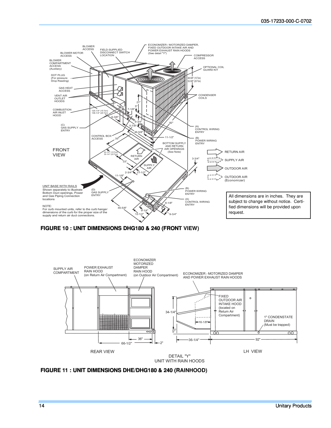 Energy Tech Laboratories DHG240, DHG180 installation instructions Front, View, Unitary Products 
