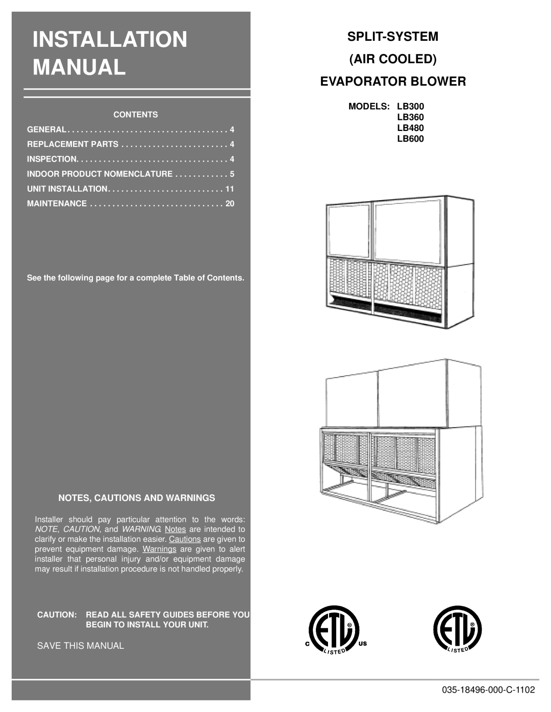 Energy Tech Laboratories LB360, LB480, LB600 installation manual Installation Manual, Models LB300 