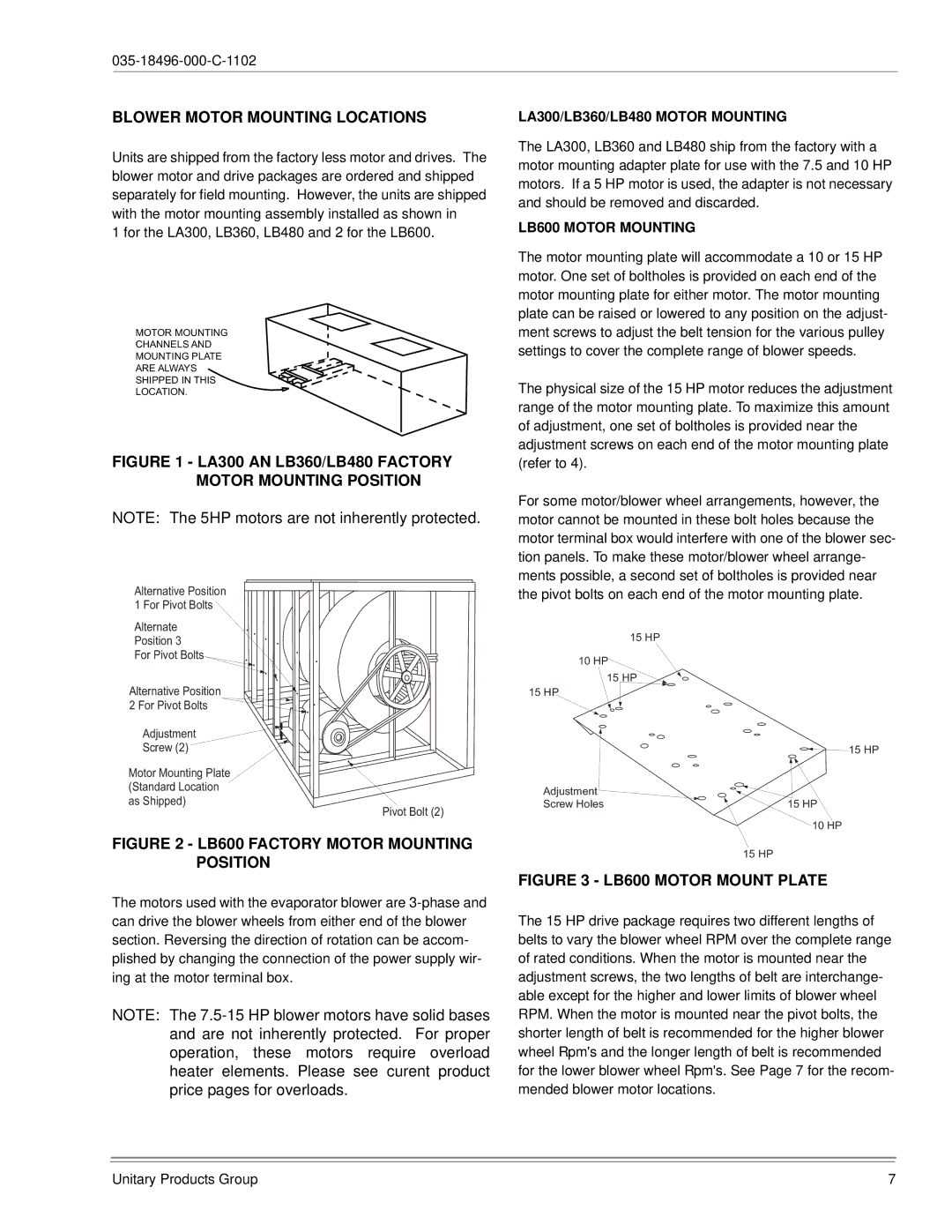 Energy Tech Laboratories LB300 Blower Motor Mounting Locations, LA300/LB360/LB480 Motor Mounting, LB600 Motor Mounting 