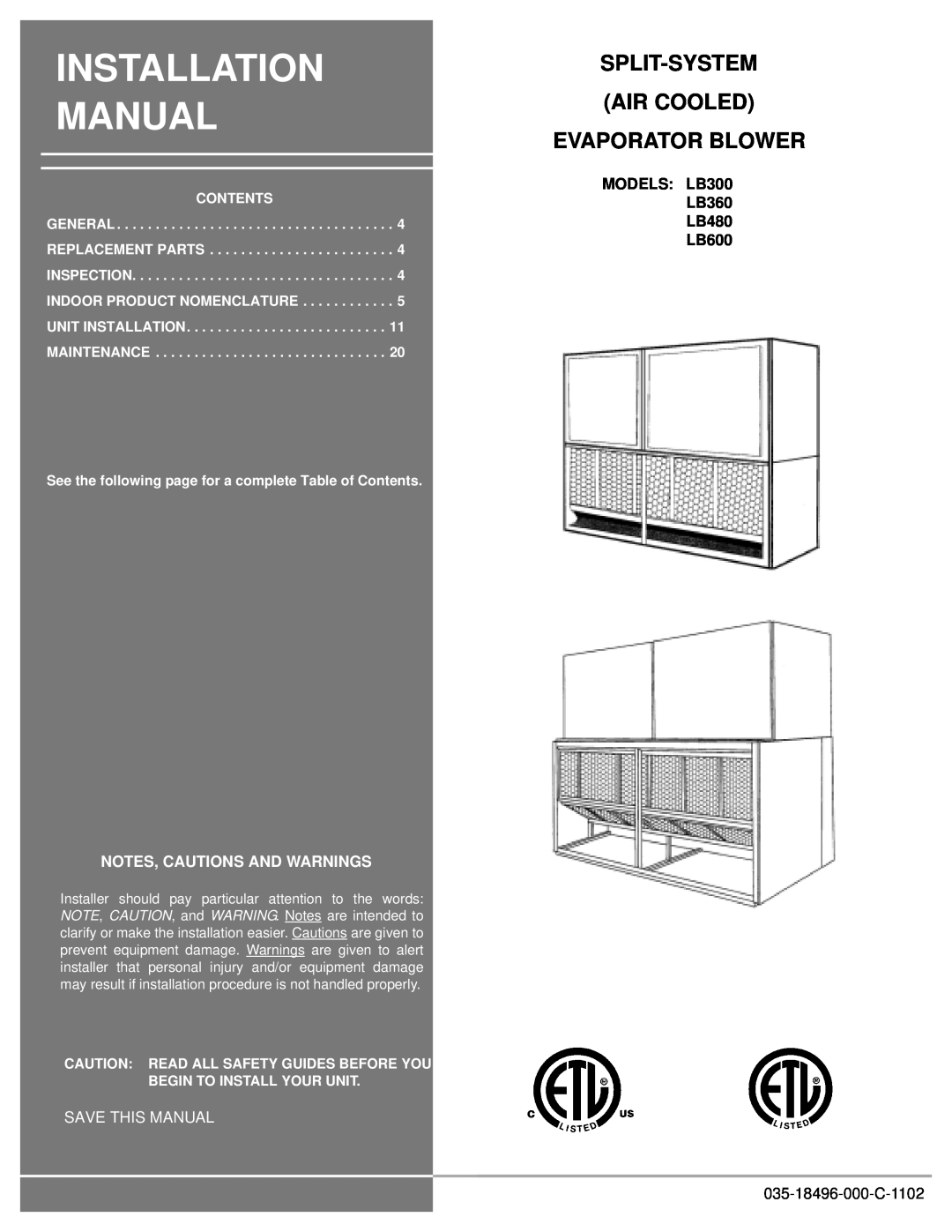Energy Tech Laboratories LB360, LB480 installation manual Split-System Air Cooled Evaporator Blower, Installation Manual 