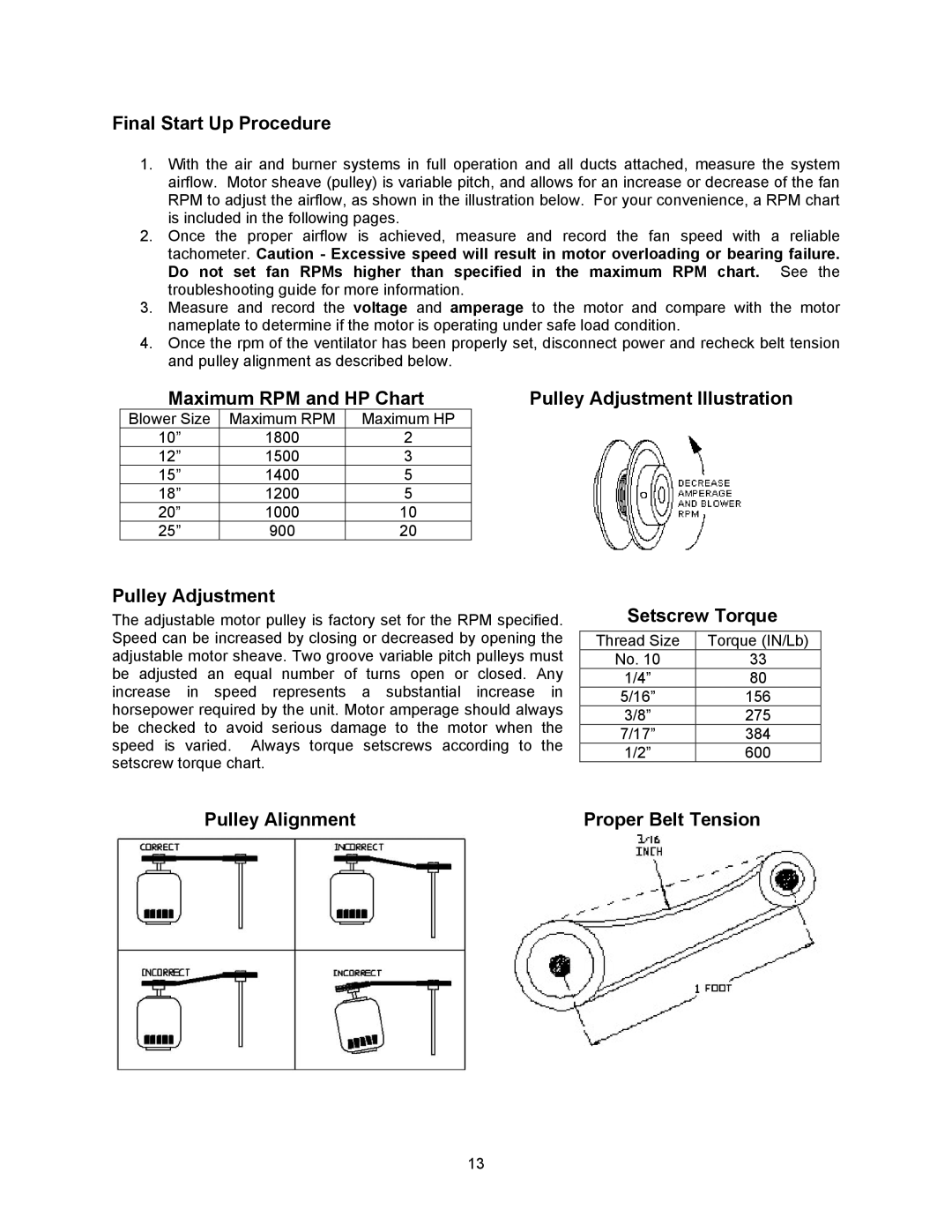 Energy Tech Laboratories Modular Direct Fired Heaters manual Final Start Up Procedure, Pulley Adjustment, Setscrew Torque 