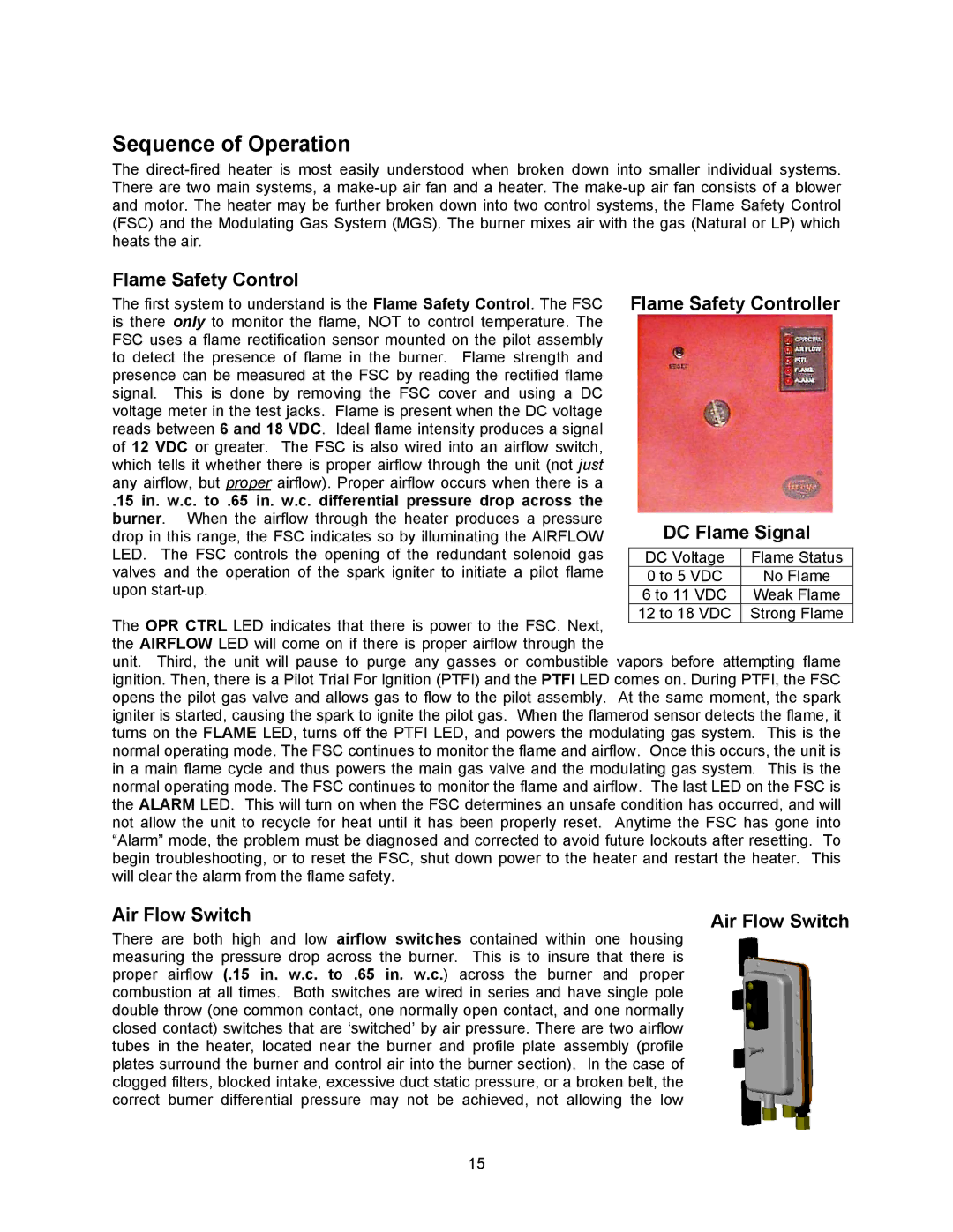 Energy Tech Laboratories Modular Direct Fired Heaters manual Sequence of Operation, Flame Safety Control, Air Flow Switch 