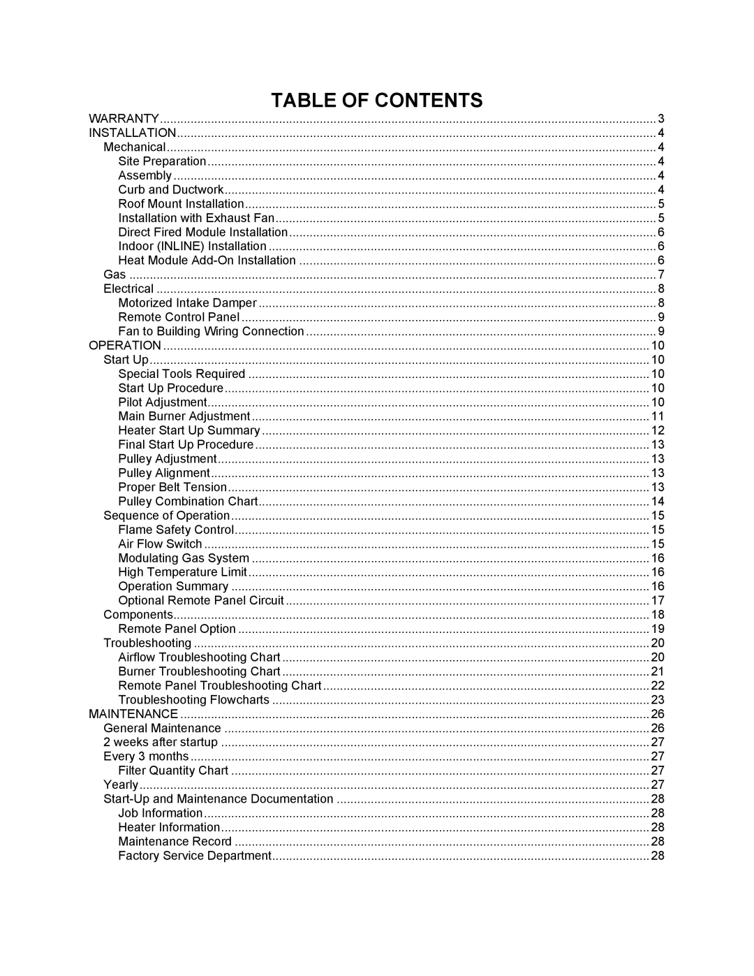 Energy Tech Laboratories Modular Direct Fired Heaters manual Table of Contents 