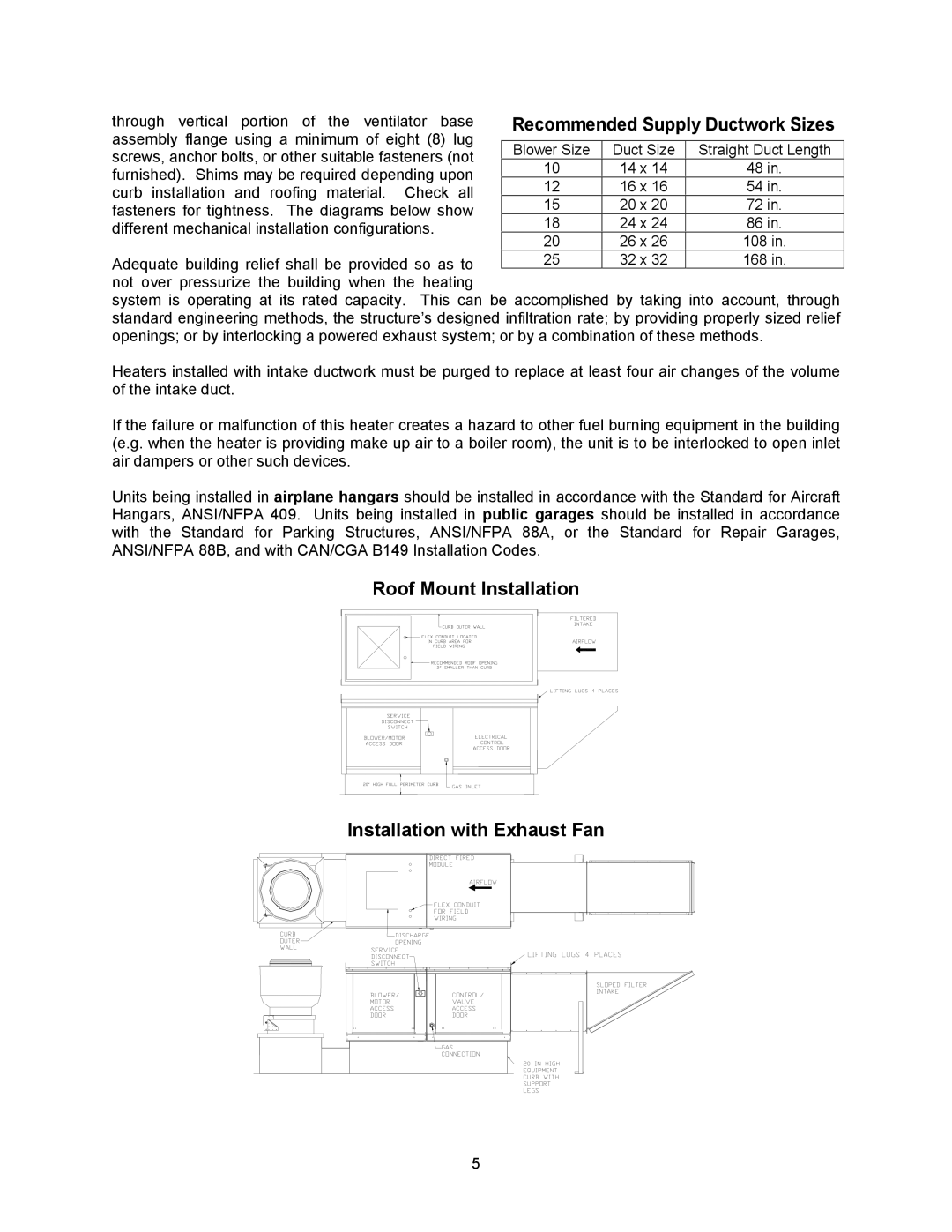 Energy Tech Laboratories Modular Direct Fired Heaters manual Recommended Supply Ductwork Sizes 