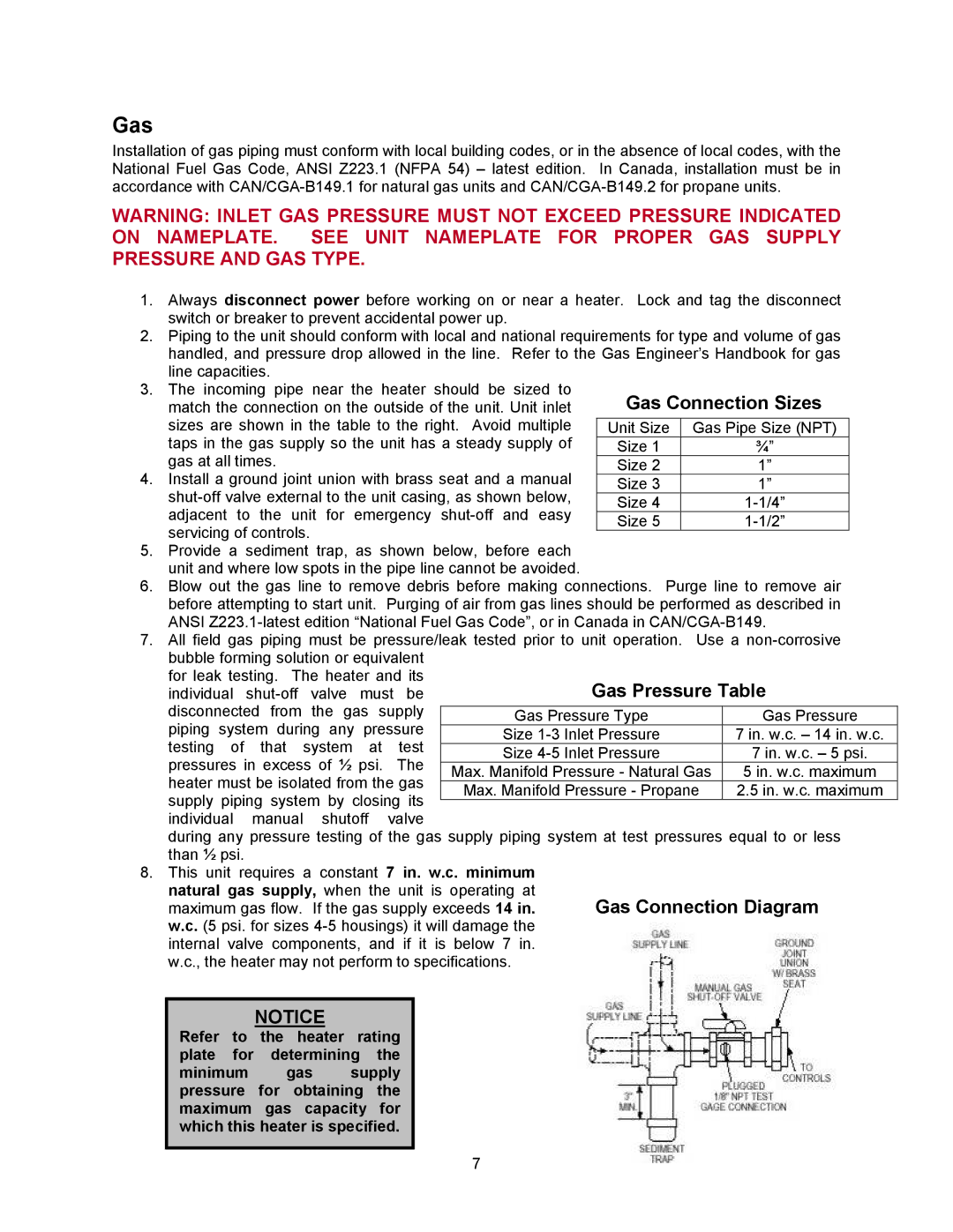 Energy Tech Laboratories Modular Direct Fired Heaters manual Gas Connection Sizes, Gas Pressure Table 