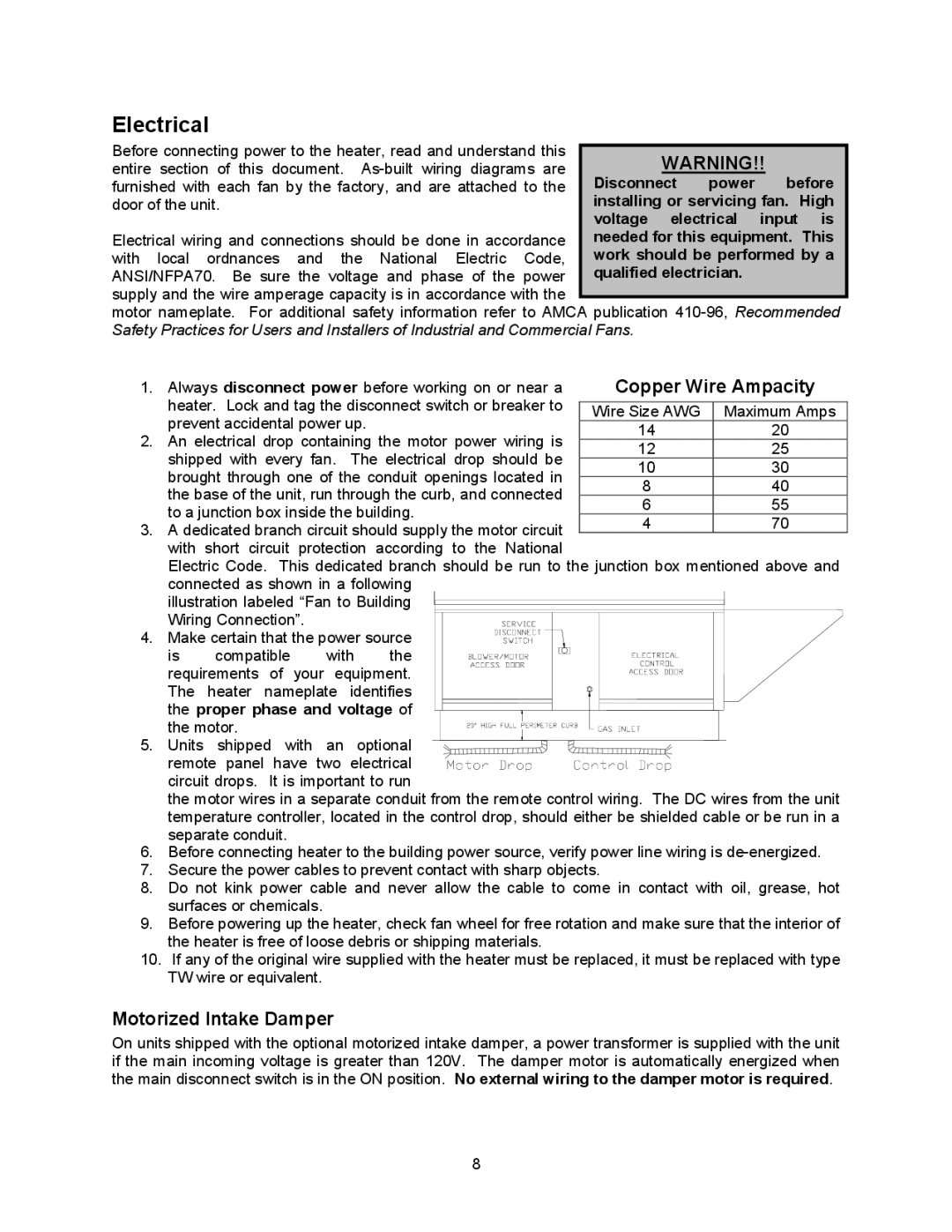 Energy Tech Laboratories Modular Direct Fired Heaters manual Electrical, Copper Wire Ampacity, Motorized Intake Damper 