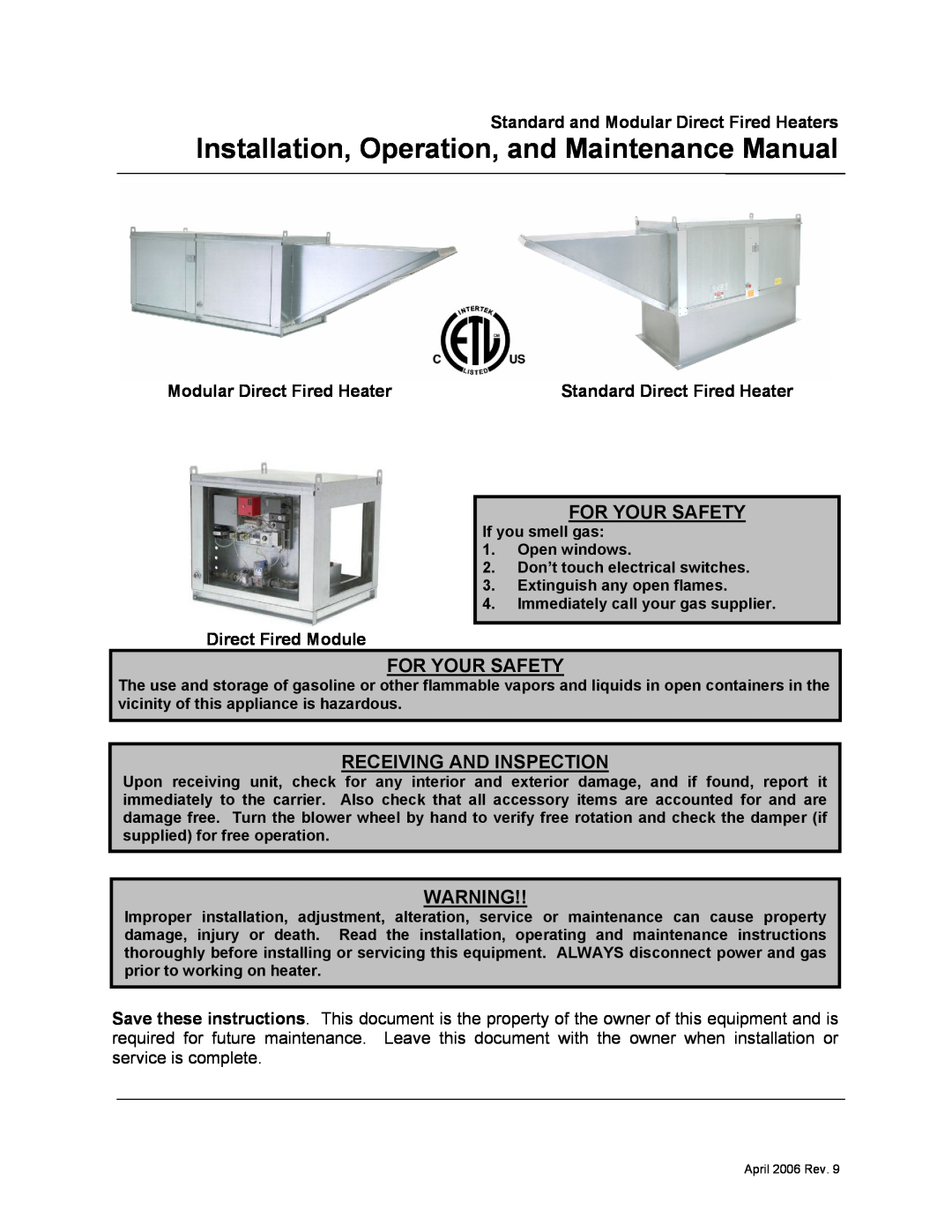 Energy Tech Laboratories Modular Direct Fired Heaters manual For Your Safety, Receiving And Inspection 