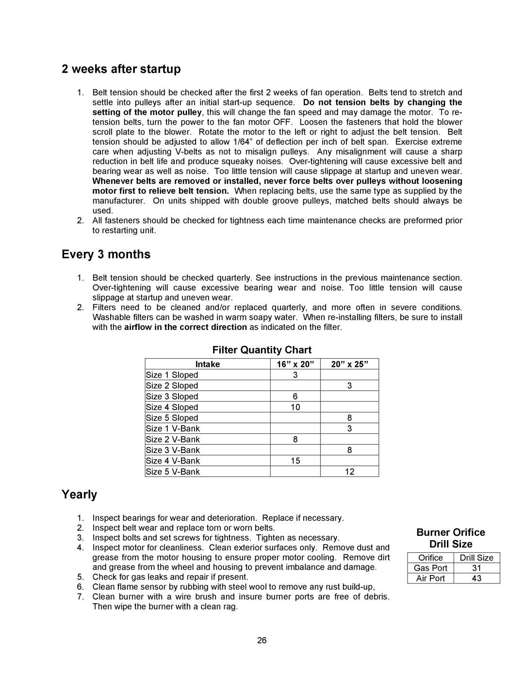 Energy Tech Laboratories MR212 manual Weeks after startup, Every 3 months, Yearly, Filter Quantity Chart 