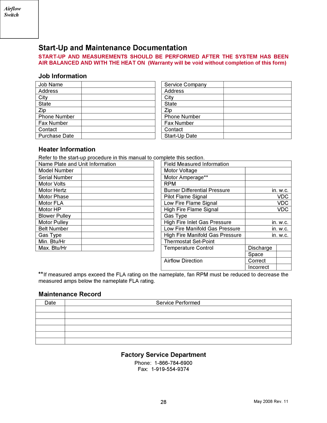 Energy Tech Laboratories MR212 manual Start-Up and Maintenance Documentation, Job Information, Heater Information 