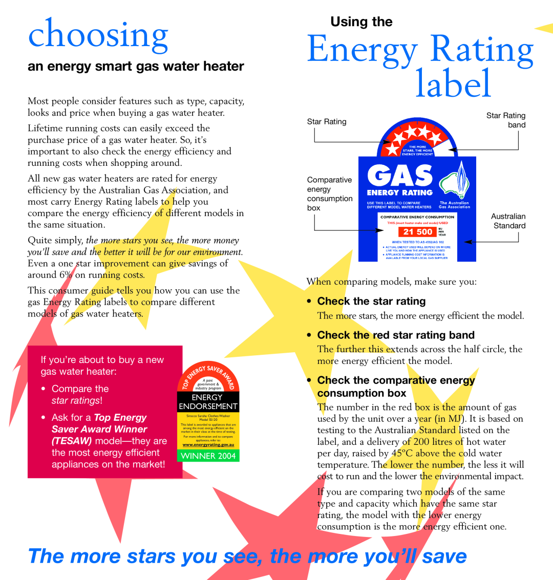Energy Tech Laboratories SS120 brochure choosing, an energy smart gas water heater, Using the, Check the star rating 