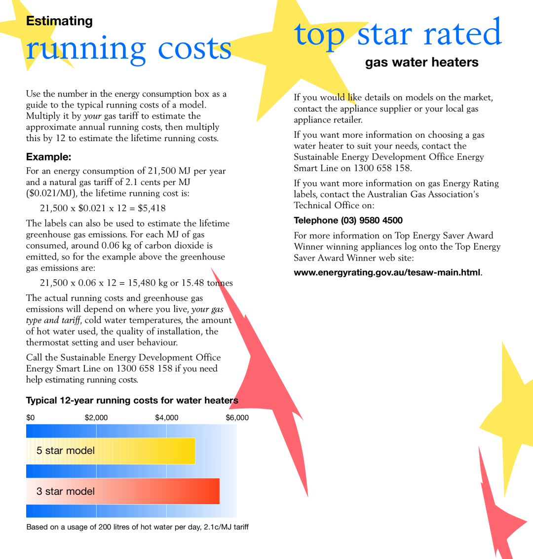 Energy Tech Laboratories SS120 brochure running costs, top star rated, Estimating, gas water heaters, Example, star model 