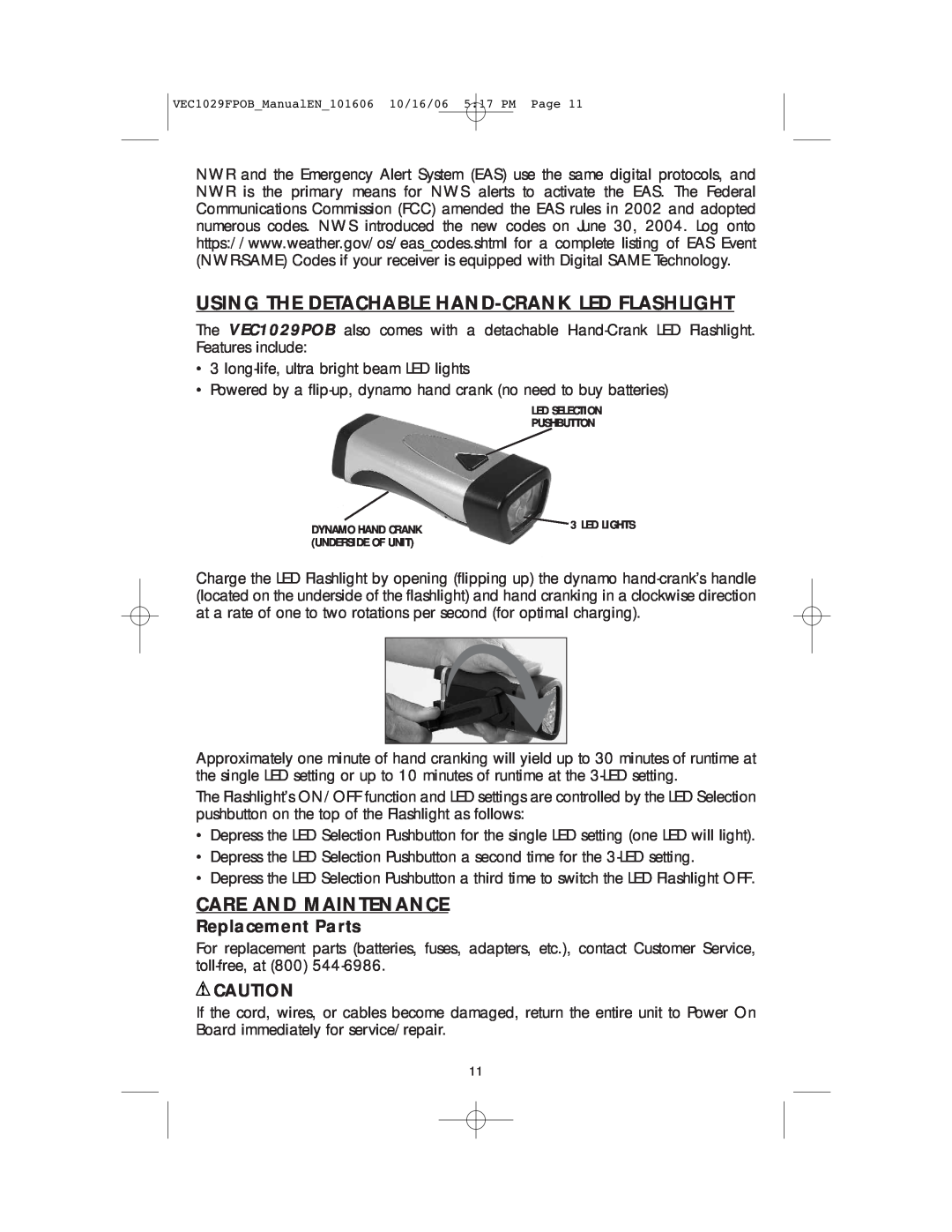 Energy Tech Laboratories VEC1029FPOB user manual Using The Detachable Hand-Crank Led Flashlight, Care And Maintenance 