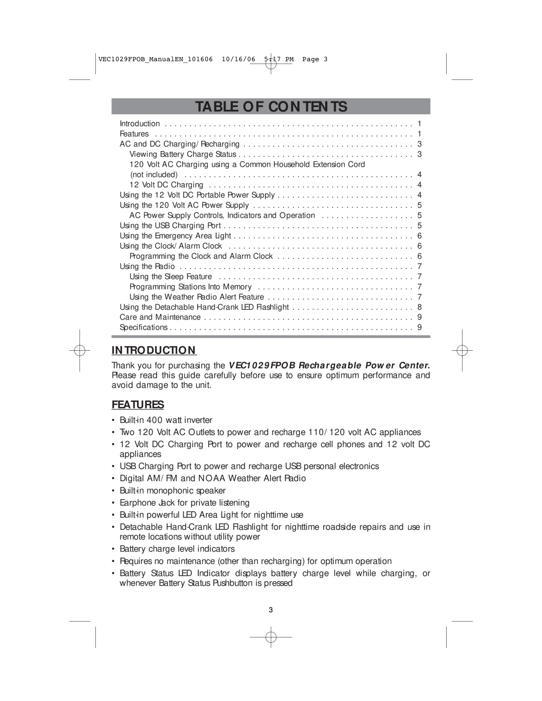 Energy Tech Laboratories VEC1029FPOB user manual Introduction, Features, Table Of Contents 
