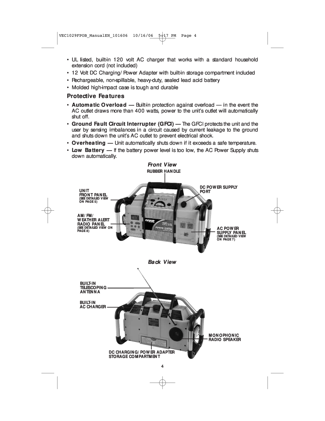 Energy Tech Laboratories VEC1029FPOB user manual Protective Features, Front View, Back View 