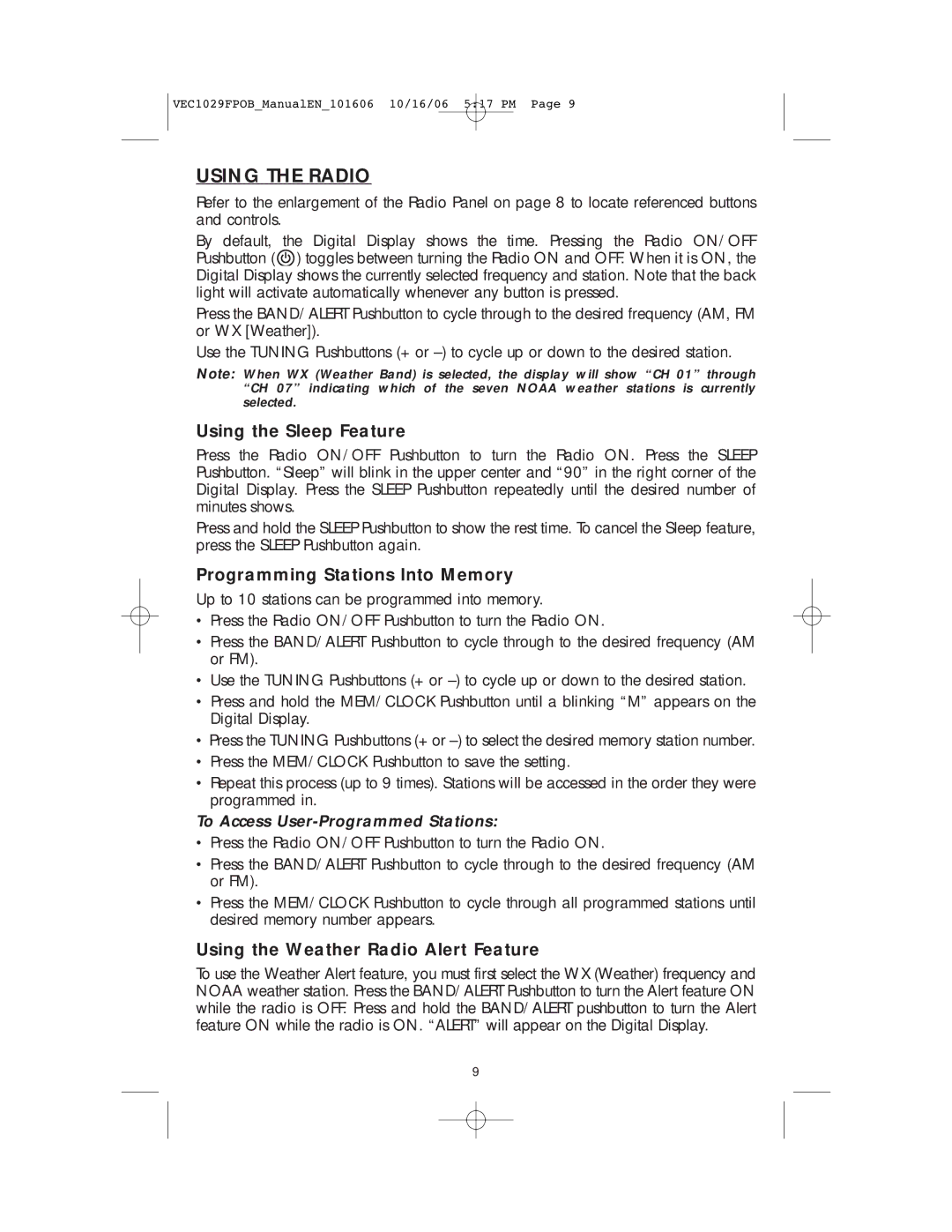 Energy Tech Laboratories VEC1029FPOB user manual Using the Radio, Using the Sleep Feature, Programming Stations Into Memory 