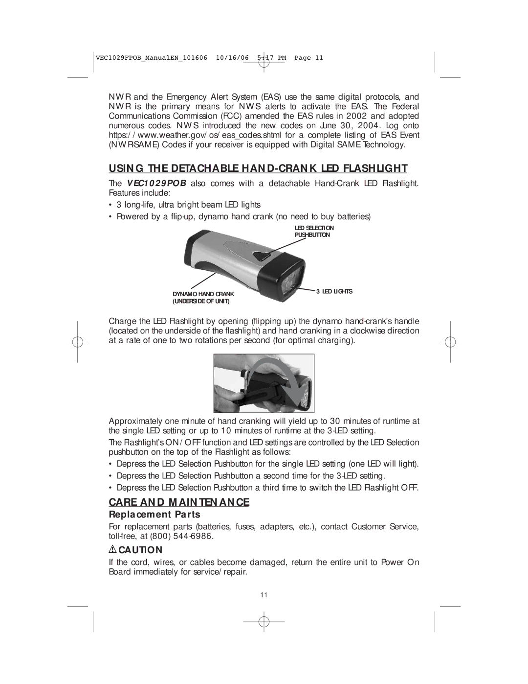 Energy Tech Laboratories VEC1029FPOB user manual Using the Detachable HAND-CRANK LED Flashlight, Care and Maintenance 