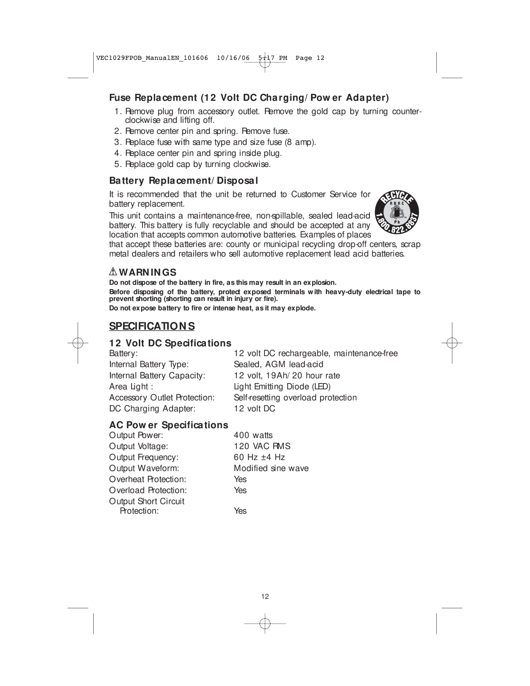 Energy Tech Laboratories VEC1029FPOB user manual Specifications, Fuse Replacement 12 Volt DC Charging/Power Adapter 