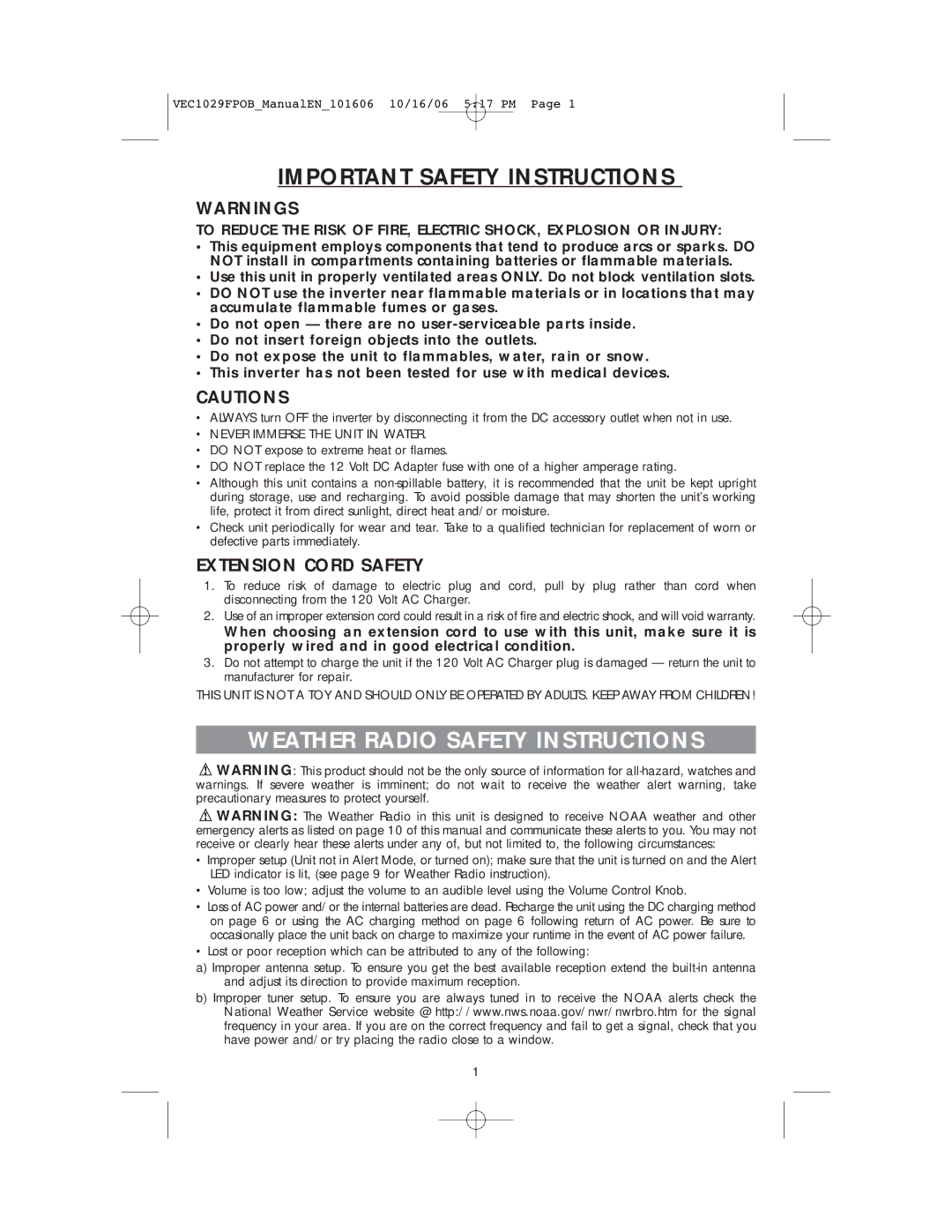 Energy Tech Laboratories VEC1029FPOB user manual Weather Radio Safety Instructions 