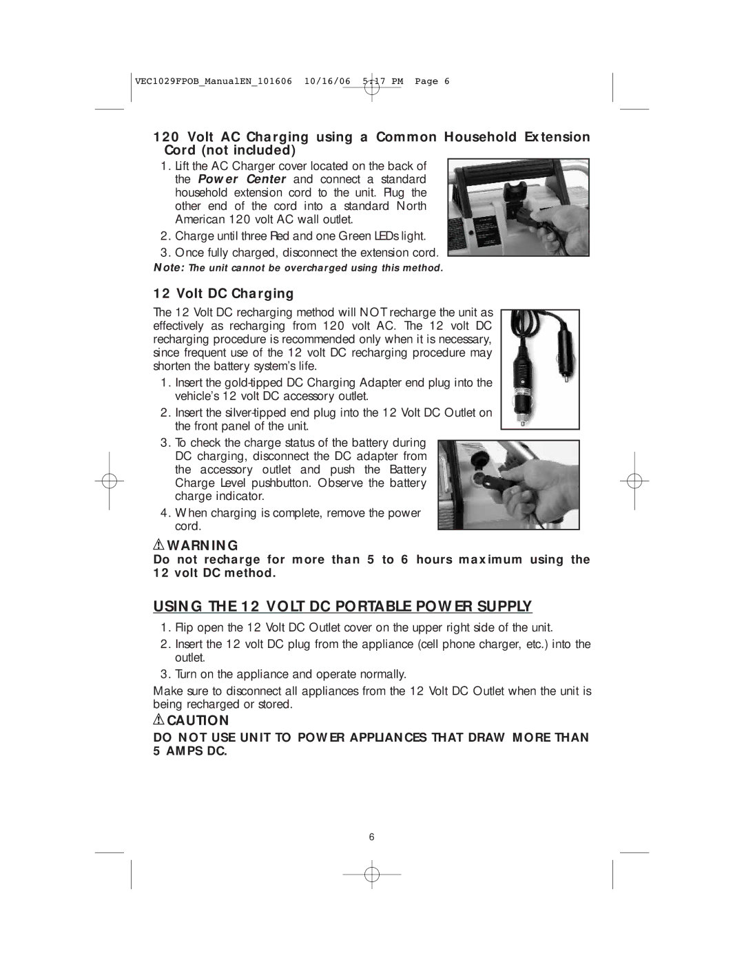 Energy Tech Laboratories VEC1029FPOB user manual Using the 12 Volt DC Portable Power Supply, Volt DC Charging 