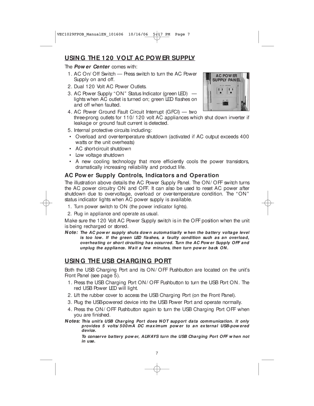 Energy Tech Laboratories VEC1029FPOB user manual Using the 120 Volt AC Power Supply, Using the USB Charging Port 