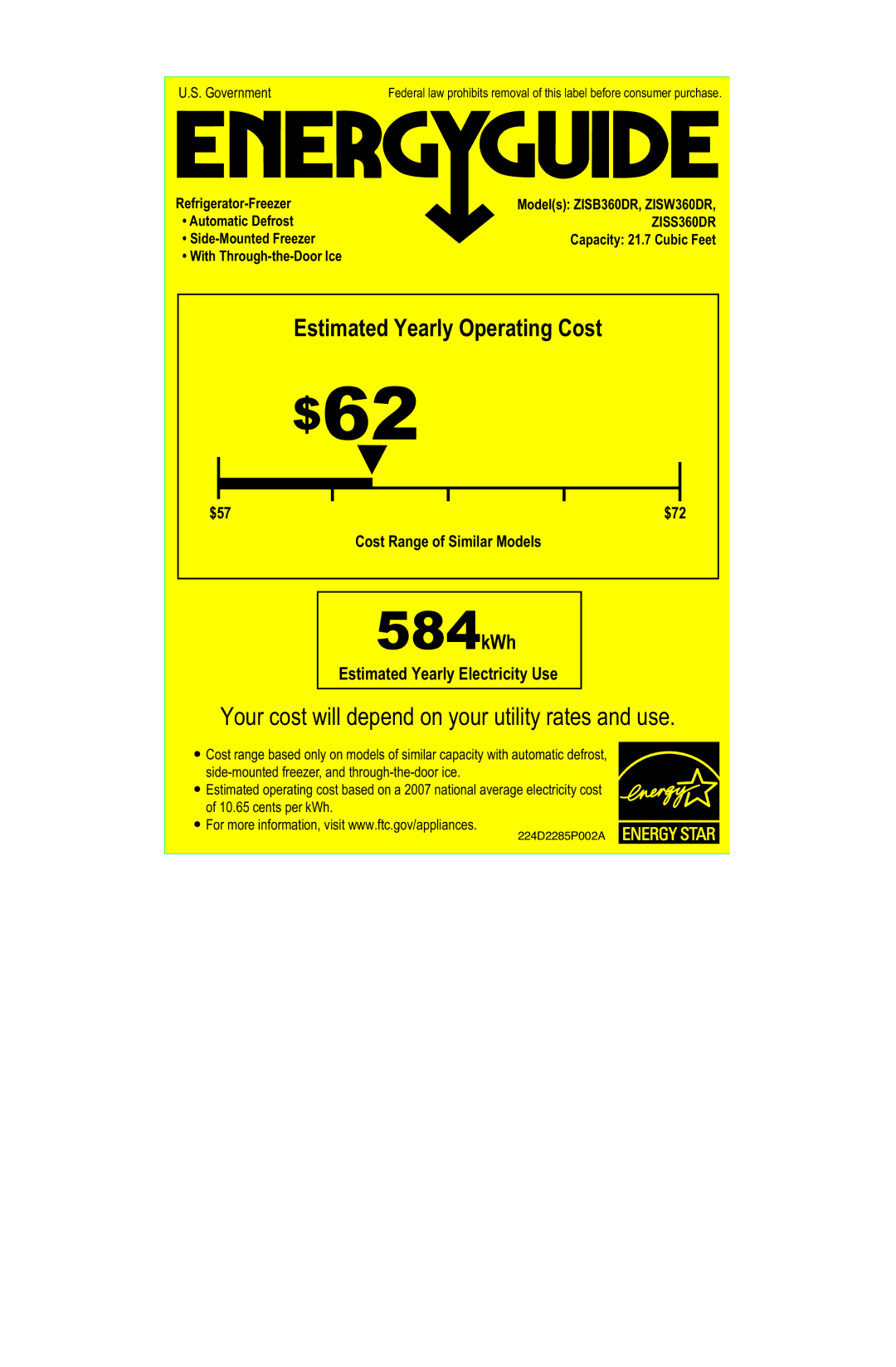 Energy Tech Laboratories ZISW360DR, ZISS360DR manual $62, 584kWh, Your cost will depend on your utility rates and use 