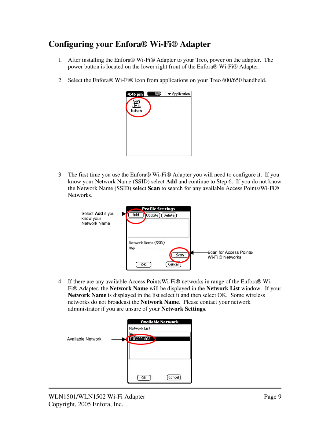 Enfora 600/650 manual Configuring your Enfora Wi-Fi Adapter 