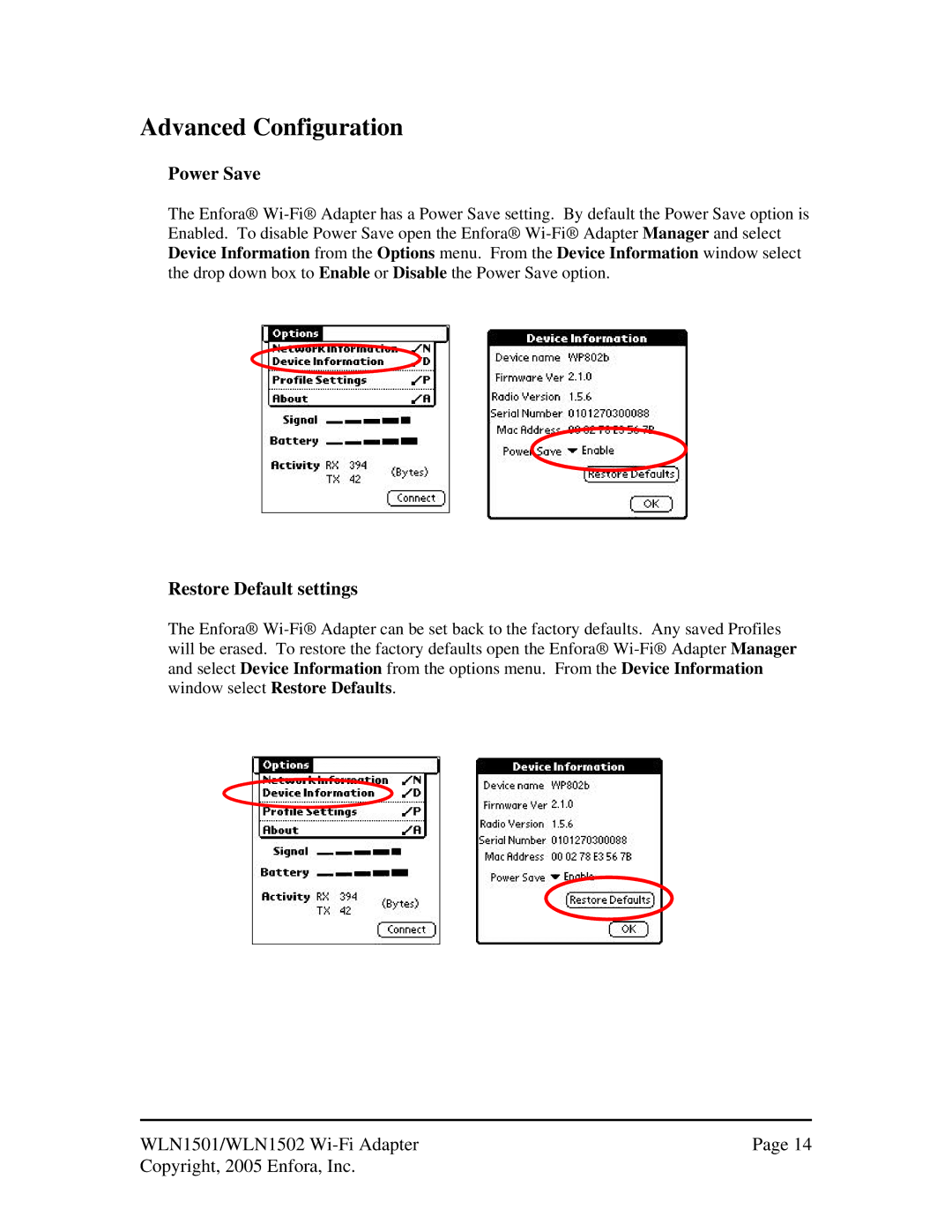 Enfora 600/650 manual Advanced Configuration, Power Save, Restore Default settings 