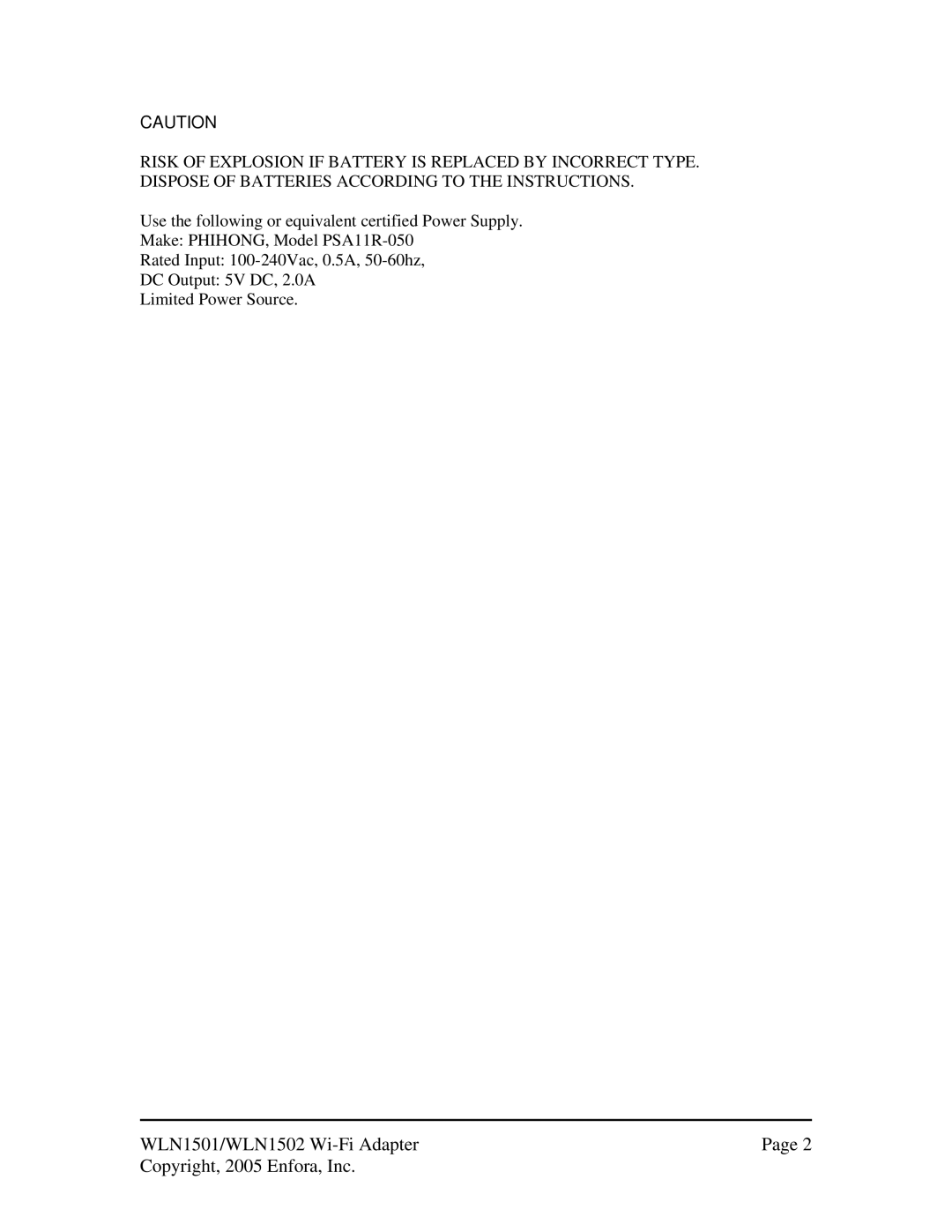 Enfora 600/650 manual WLN1501/WLN1502 Wi-Fi Adapter Copyright, 2005 Enfora, Inc 