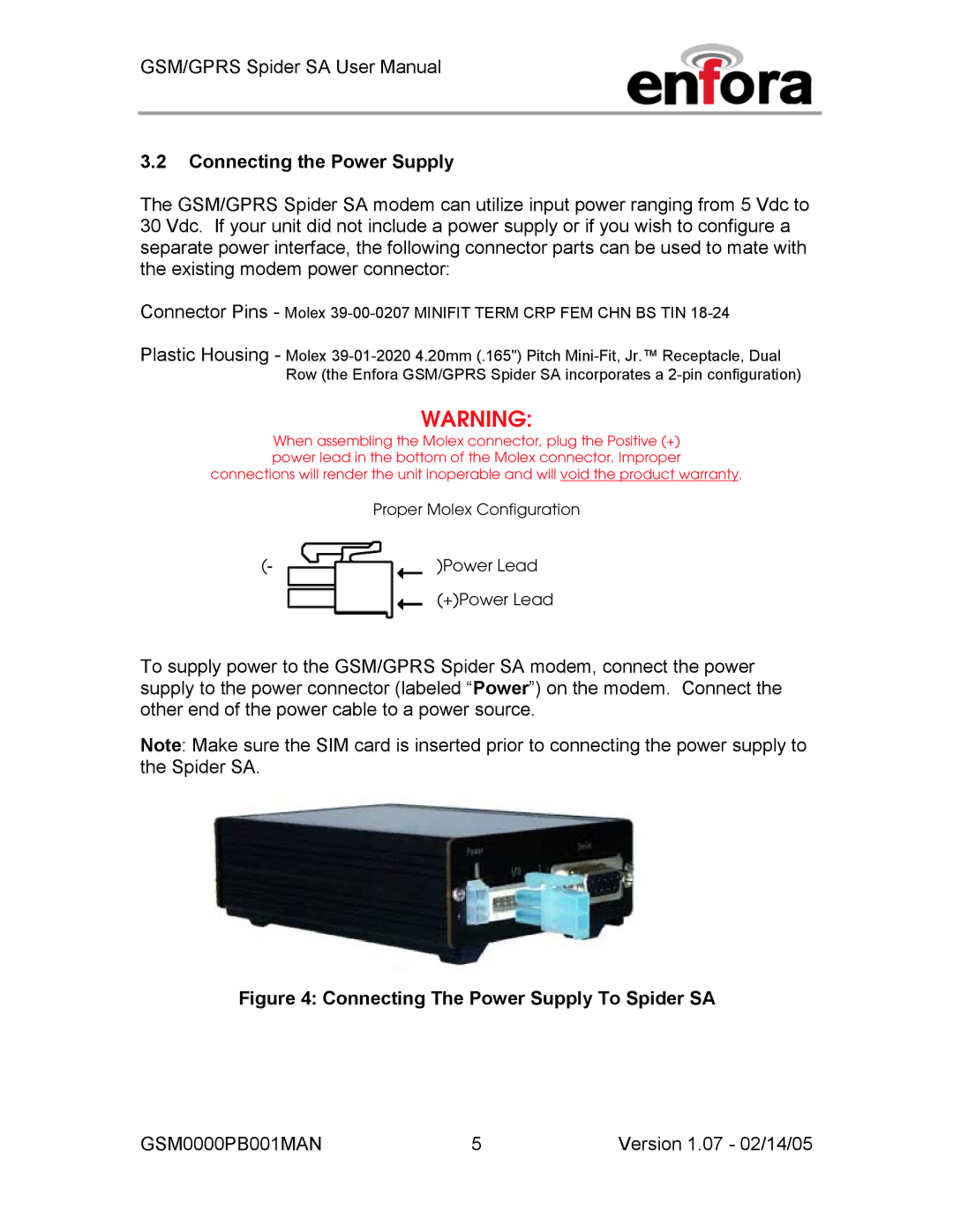 Enfora GSM0000PB001MAN, GPRS user manual Connecting the Power Supply, Connecting The Power Supply To Spider SA 