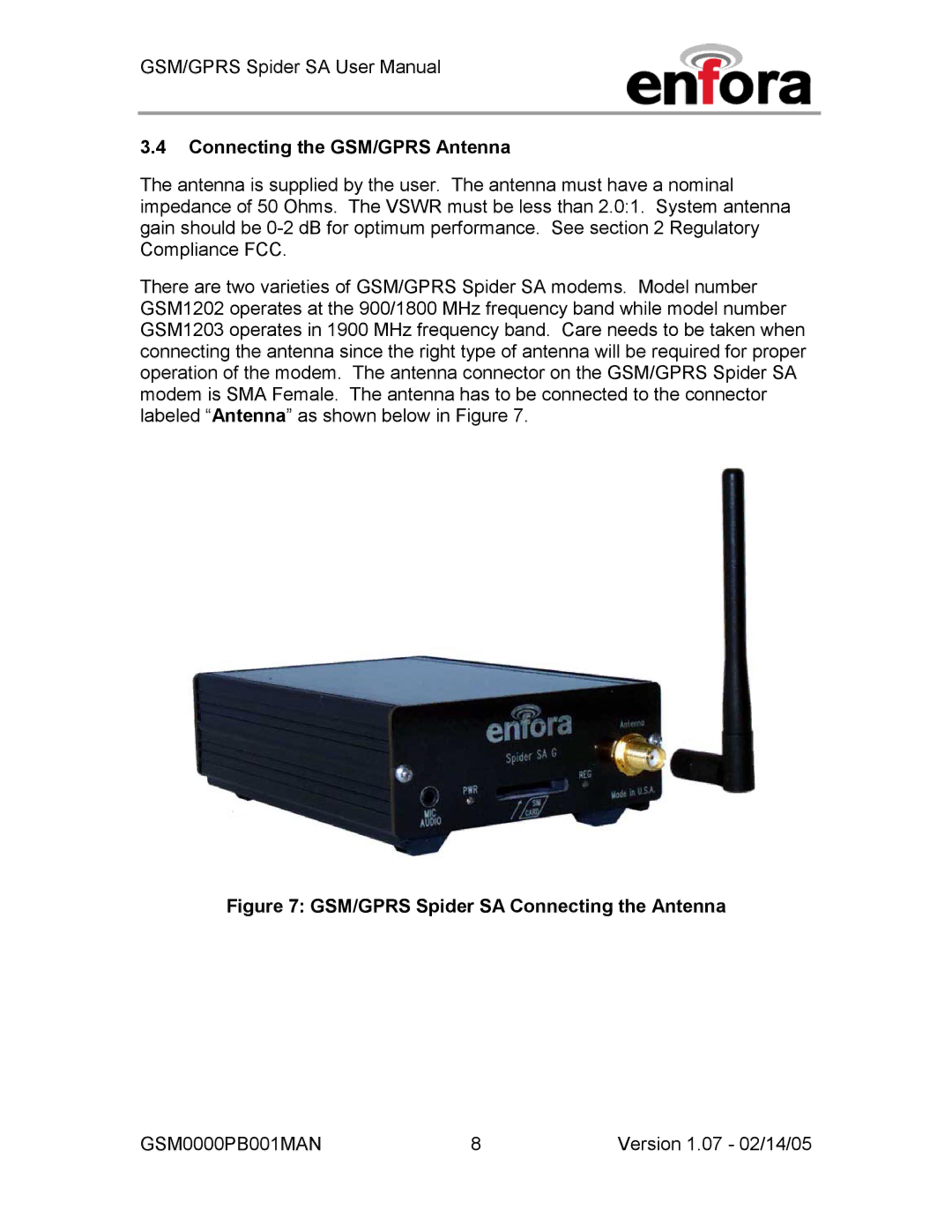 Enfora GSM0000PB001MAN user manual Connecting the GSM/GPRS Antenna, GSM/GPRS Spider SA Connecting the Antenna 