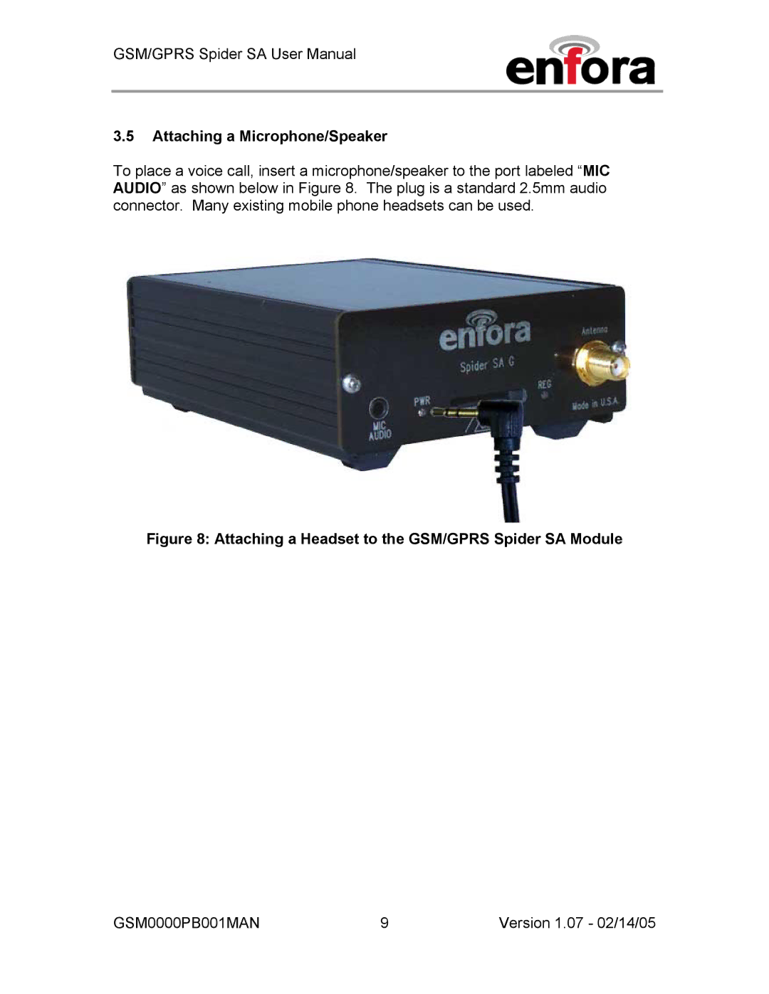 Enfora GSM0000PB001MAN user manual Attaching a Microphone/Speaker, Attaching a Headset to the GSM/GPRS Spider SA Module 