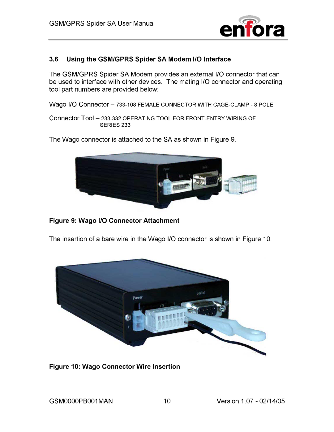 Enfora GSM0000PB001MAN user manual Using the GSM/GPRS Spider SA Modem I/O Interface, Wago I/O Connector Attachment 