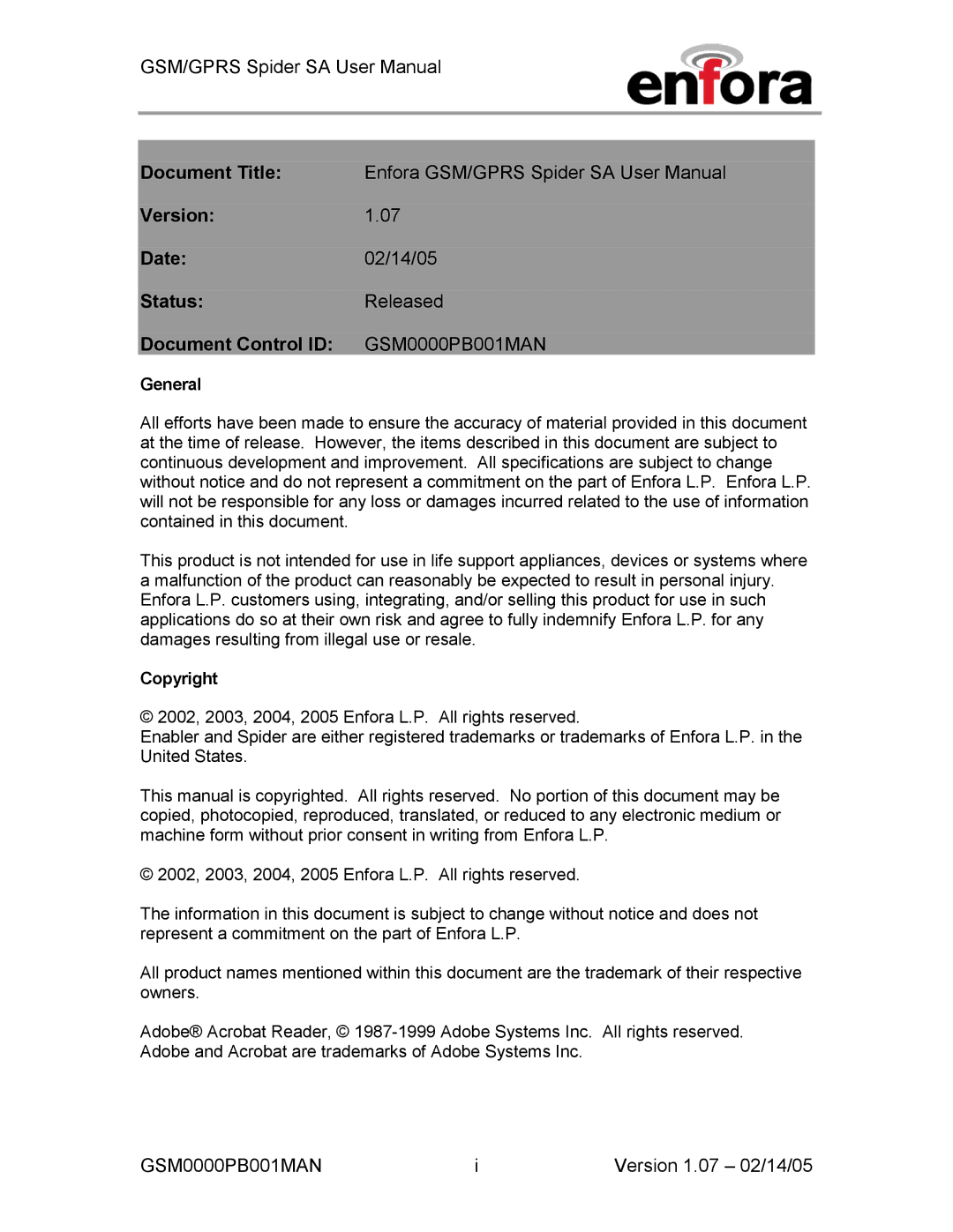 Enfora GSM0000PB001MAN, GPRS user manual 