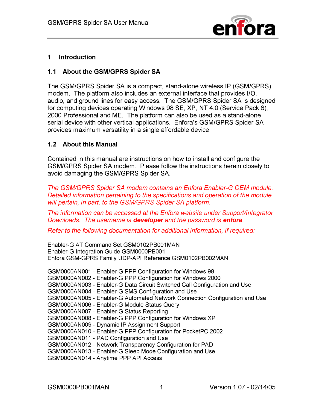 Enfora GSM0000PB001MAN user manual Introduction About the GSM/GPRS Spider SA, About this Manual 