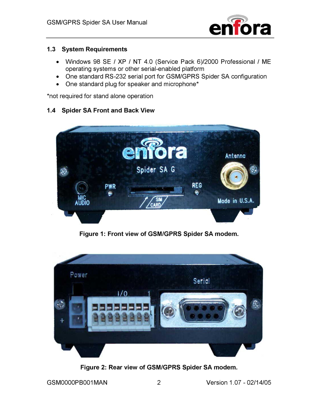 Enfora GSM0000PB001MAN, GPRS user manual System Requirements, Spider SA Front and Back View 