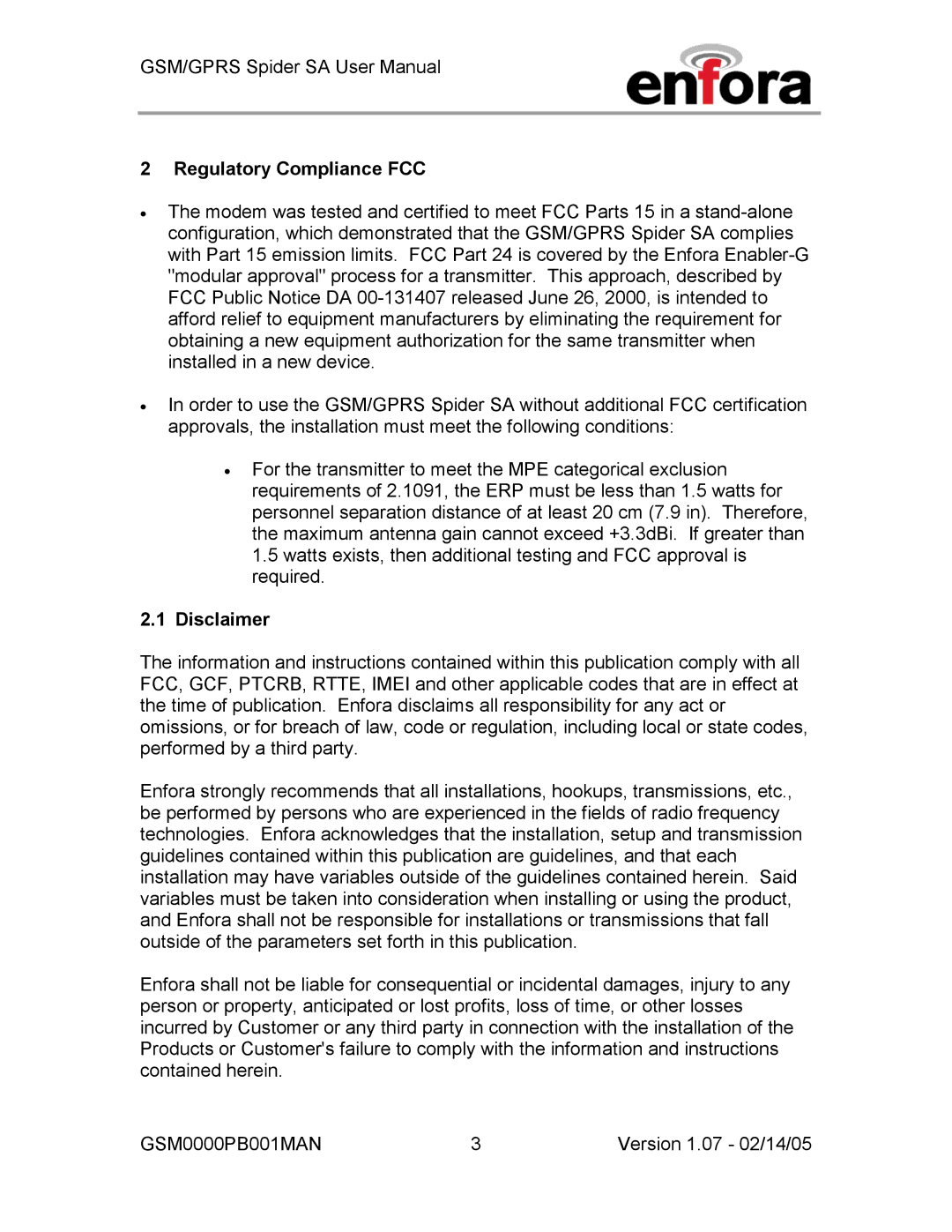 Enfora GPRS, GSM0000PB001MAN user manual Regulatory Compliance FCC, Disclaimer 