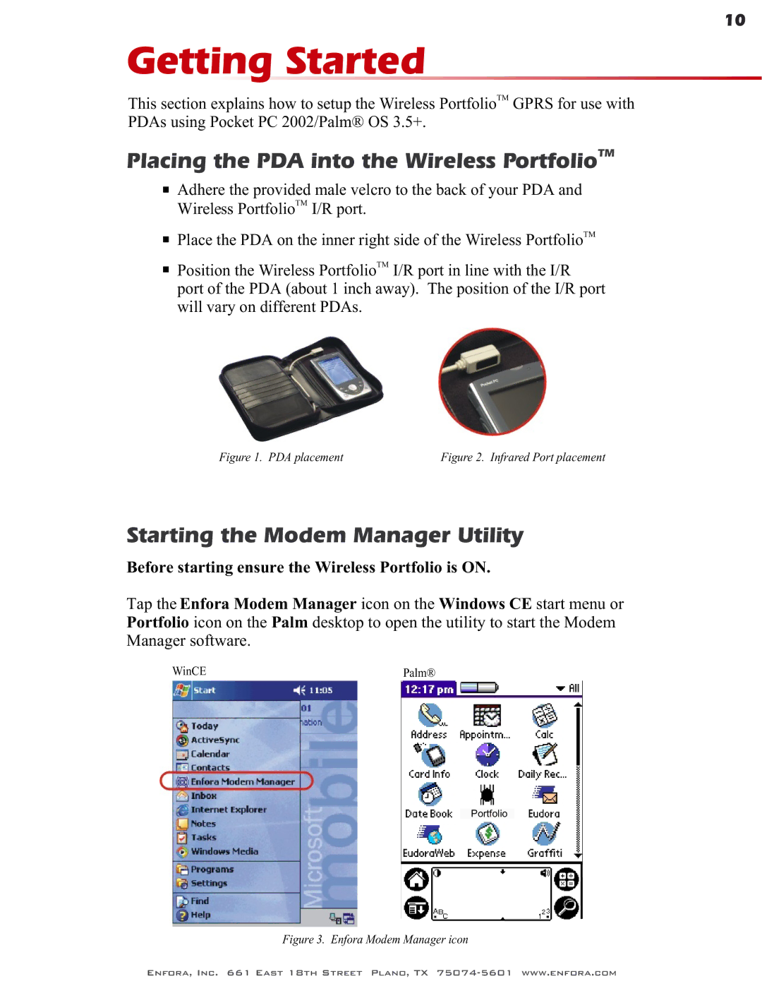 Enfora GSM0400 Getting Started, Placing the PDA into the Wireless PortfolioTM, Starting the Modem Manager Utility 