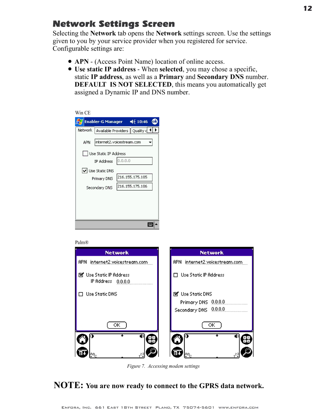 Enfora GSM0400 user manual Network Settings Screen 