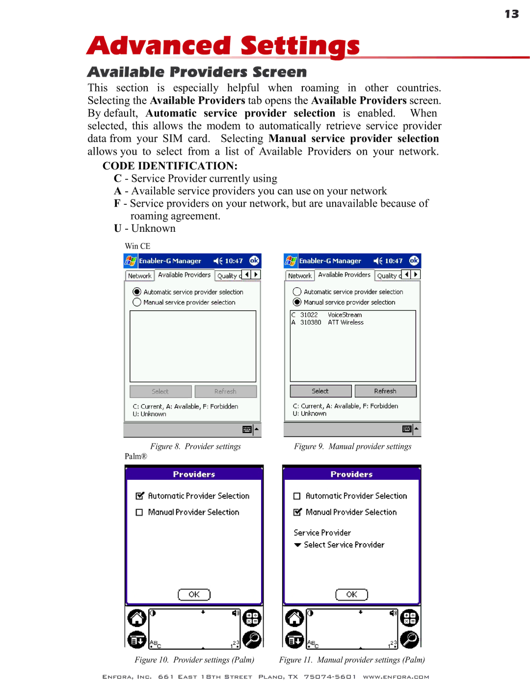 Enfora GSM0400 user manual Advanced Settings, Available Providers Screen 