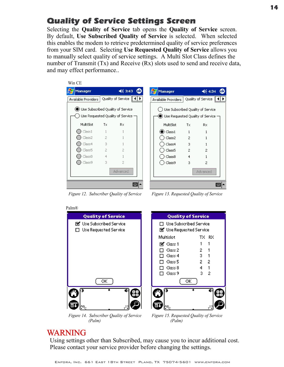 Enfora GSM0400 user manual Quality of Service Settings Screen, Subscriber Quality of Service 