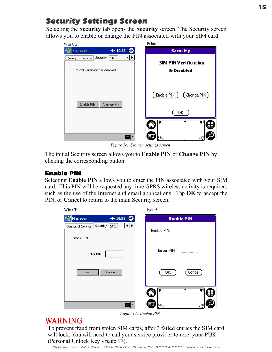 Enfora GSM0400 user manual Security Settings Screen, Enable PIN 