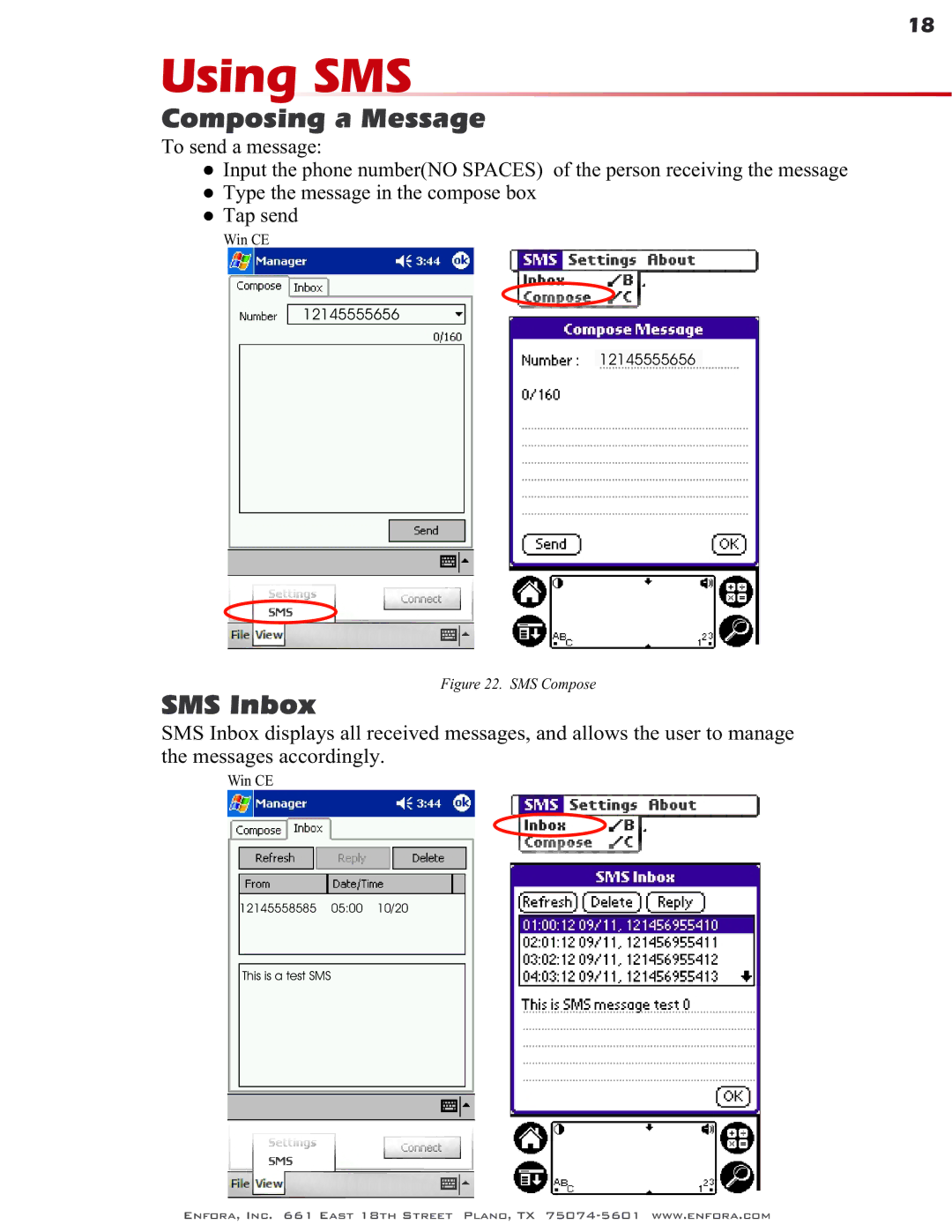 Enfora GSM0400 user manual Using SMS, Composing a Message, SMS Inbox 