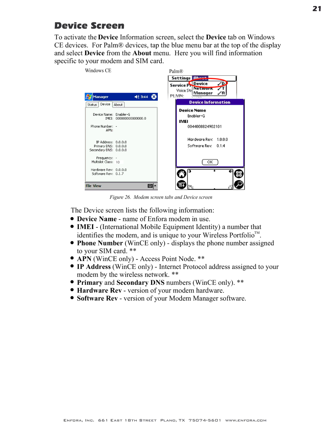 Enfora GSM0400 user manual Device Screen, Modem screen tabs and Device screen 