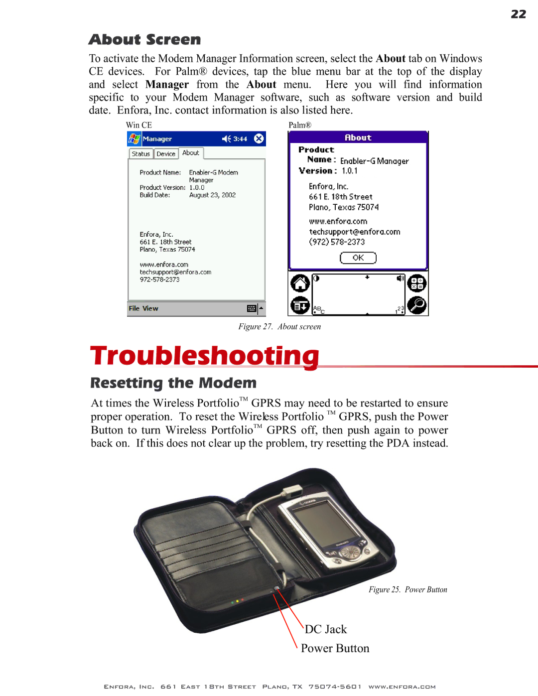 Enfora GSM0400 user manual Troubleshooting, About Screen, Resetting the Modem 