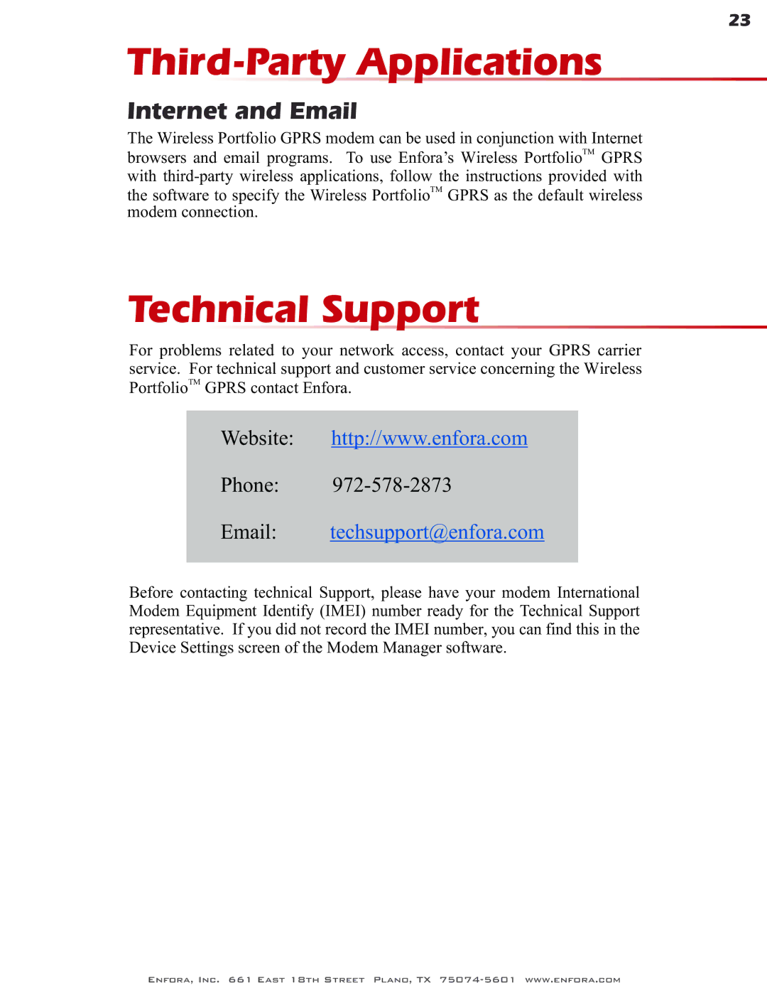 Enfora GSM0400 user manual Third-Party Applications, Technical Support 