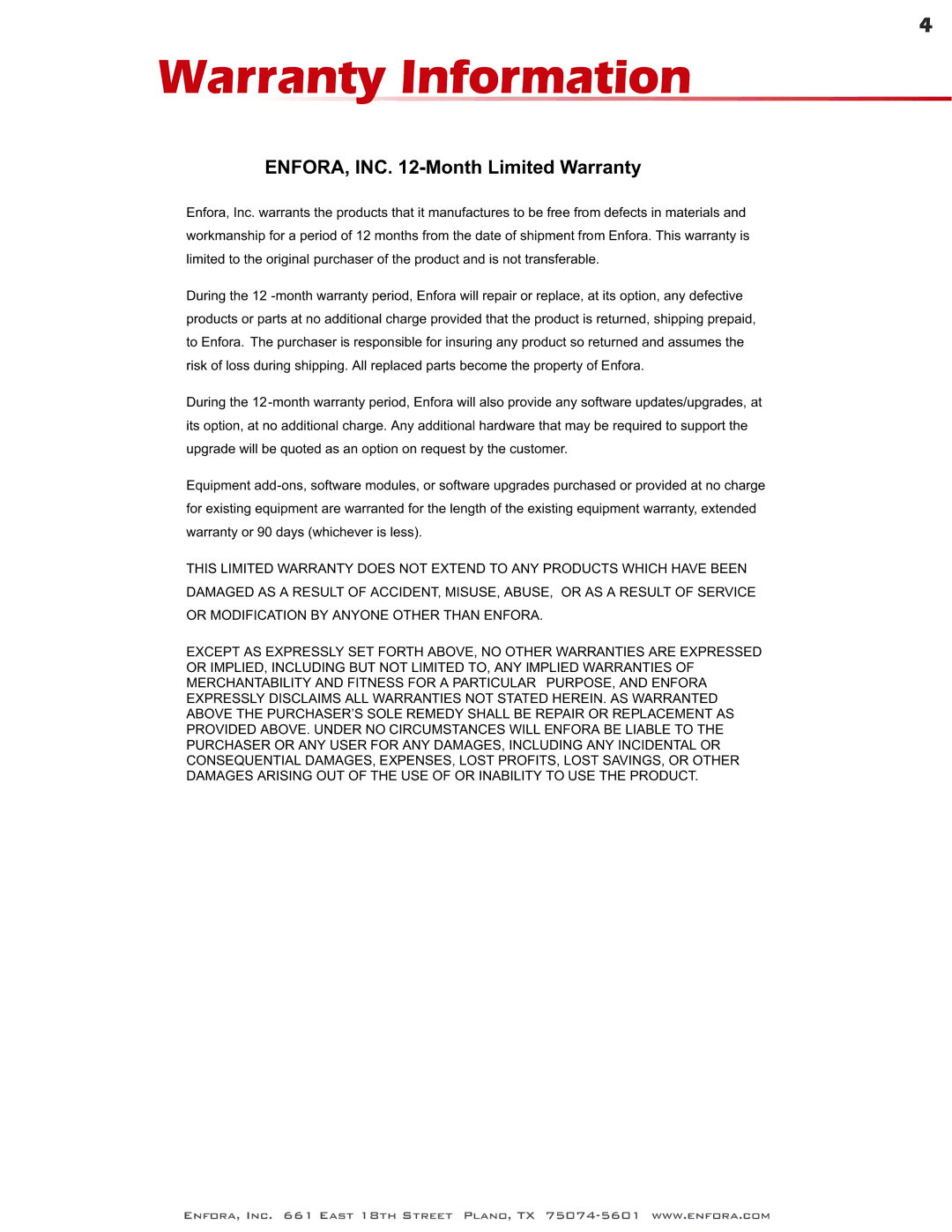 Enfora GSM0400 user manual Warranty Information, ENFORA, INC -Month Limited Warranty 