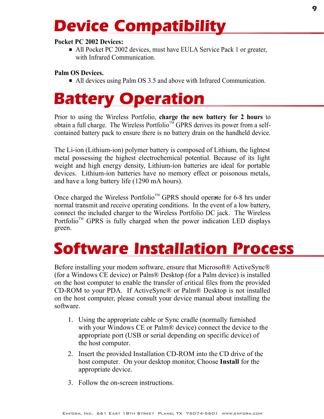 Enfora GSM0400 user manual Device Compatibility, Battery Operation, Software Installation Process 