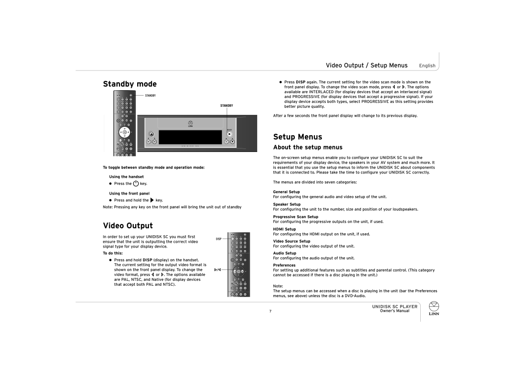 ENG Electric UNIDISK SC PLAYER owner manual Standby mode, Video Output, Setup Menus, About the setup menus 