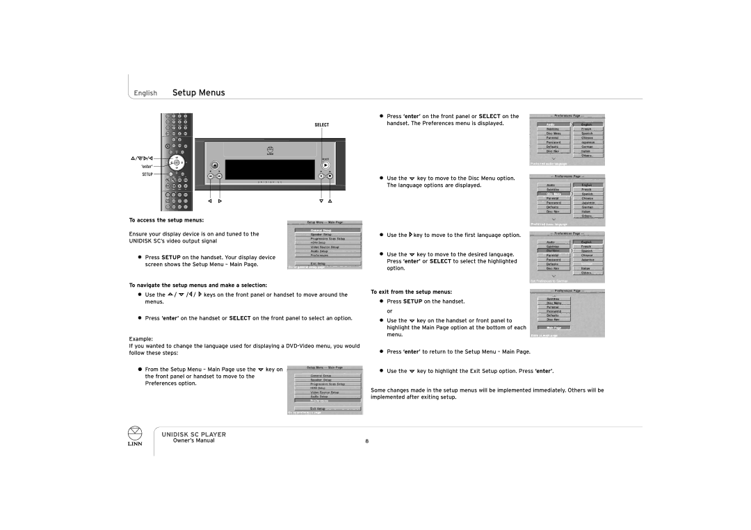 ENG Electric UNIDISK SC PLAYER owner manual To access the setup menus, To navigate the setup menus and make a selection 